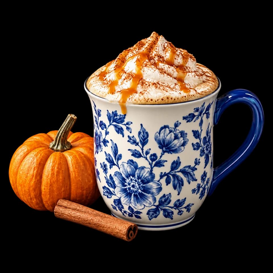 Pumpkin latte in Colattao's blue floral cup with spiced foam