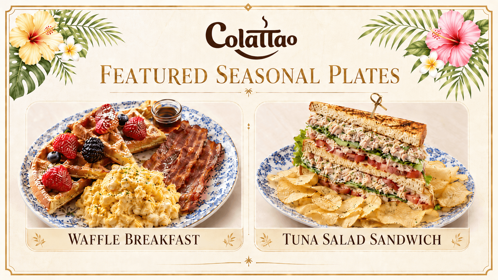 Featured Seasonal Plates: Waffle Breakfast and Tuna Salad Sandwich