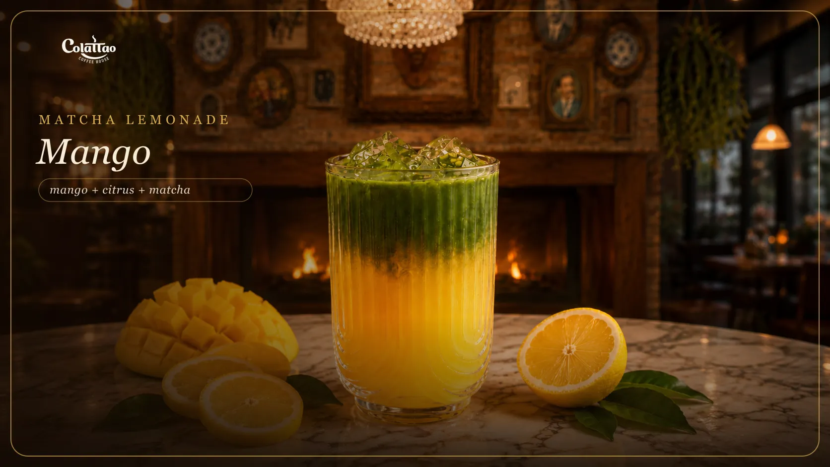 Mango Matcha Lemonade in the Colattao cafe — mango, citrus, matcha