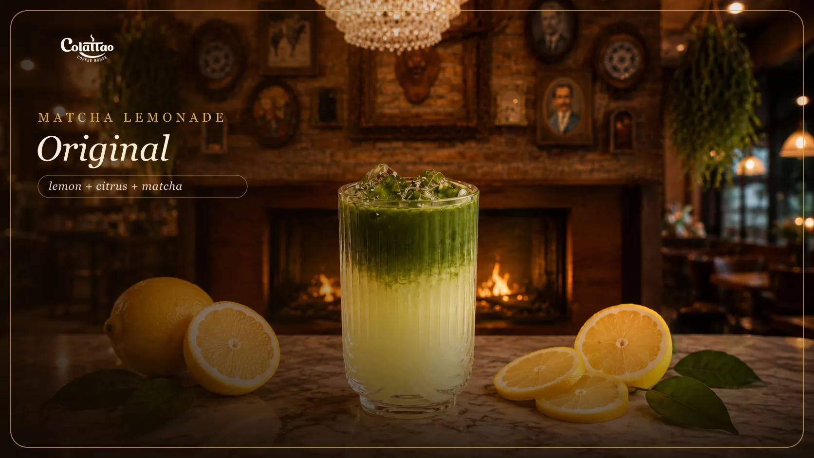 Original Matcha Lemonade in the Colattao lounge — citrus, matcha, iced drink