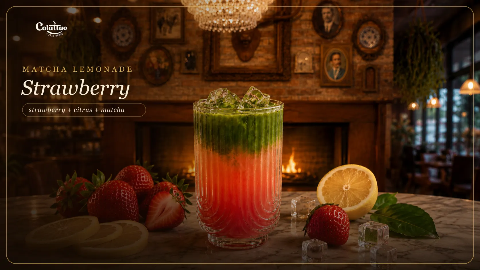 Strawberry Matcha Lemonade in the Colattao lounge — strawberry, citrus, matcha