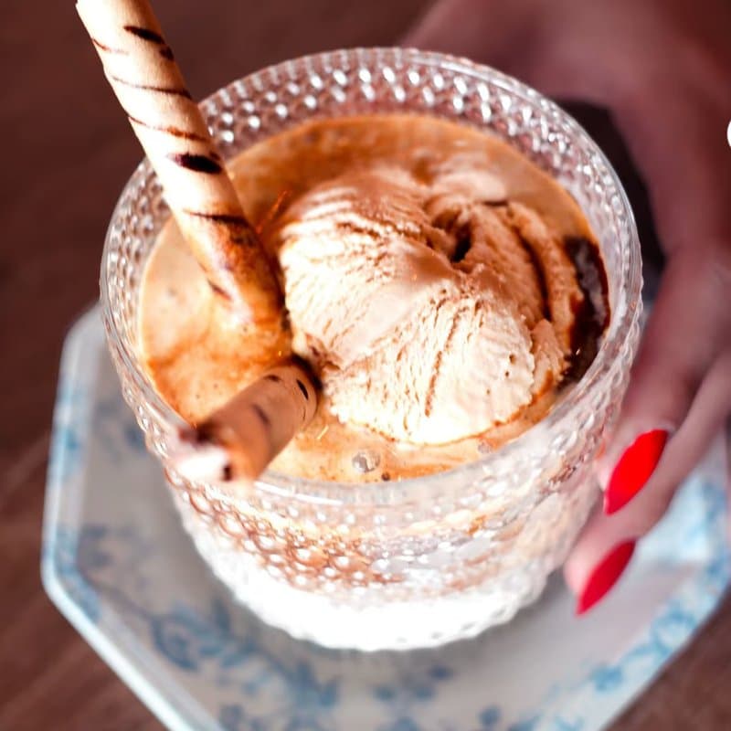 Churro Affogato — churro ice cream and espresso in a crystal glass